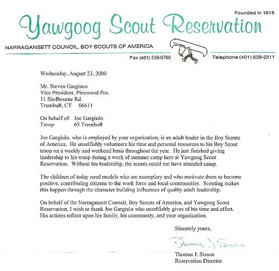 Yawgoog Scout Reservation Appreciation Letter
