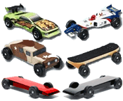 pinewood derby car kits, fully built cars