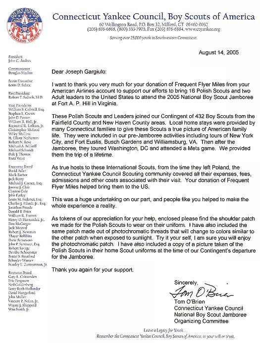 CT Yankee Council Letter of Appreciation