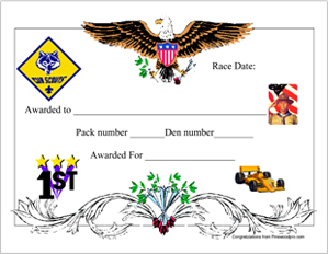 Pinewood Derby Car Award Certificates