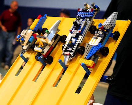 LEGO derby cars top of track