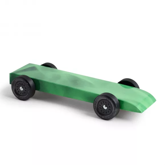 fully built pinewood derby car with green flames body skin