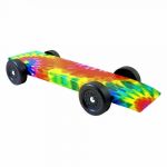 fully built pinewood derby car with tie-dye body skin